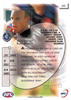 2002 Select AFL Exclusive #65 Andrew McKay Back